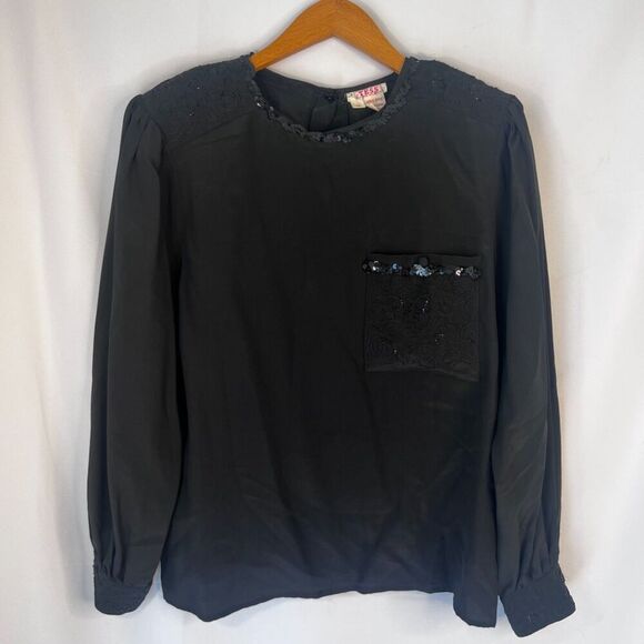 Tess Paris Milano Black Sequin Trim 100% Silk Vintage Blouse Size 14/LG - Picture 9 of 9